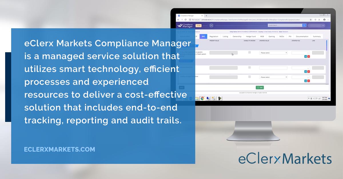 eClerx's tweet photo. eClerx Markets' Compliance Manager utilizes #smarttechnology, efficient processes and experienced resources to deliver a cost-effective solution that includes end-to-end tracking, reporting and audit trails. Click to learn more >https://t.co/rnTtAh1XbH #KYCsupport #AML #KYC https://t.co/VHp6ME1U0F