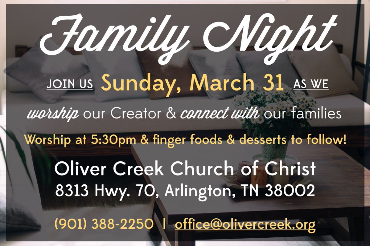 olivercreekcc's tweet photo. Join us Sunday, March 31 at 5:30pm at Oliver Creek for a time of worship and connection. Plus, FREE food &amp; an at-home family devotion guide! See you there. https://t.co/onEJ8rEYkW