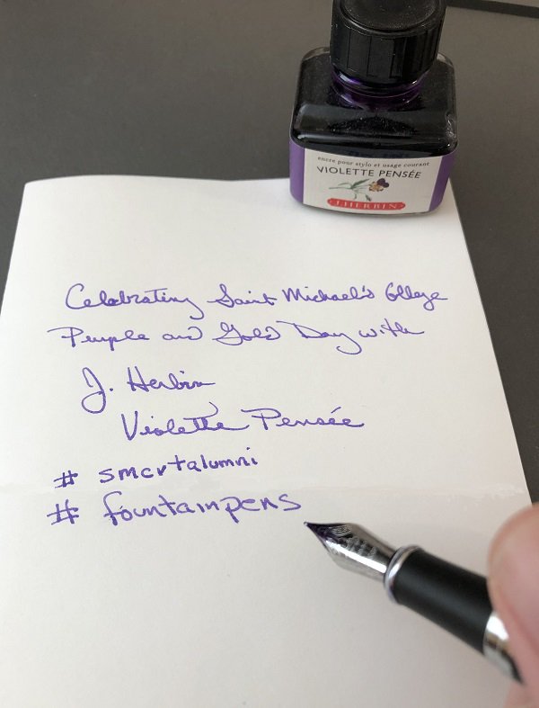 PaulLeduc's tweet photo. @SMCVTalumni @saintmichaels Happy Purple and Gold Day! I'm the only SMC grad in my office, but I'm wearing my purple and gold and spreading some purple ink around. #smcvtalumni #smcvt #saintmichaels #fountainpens #jherbin https://t.co/ZAOIaNtAq9