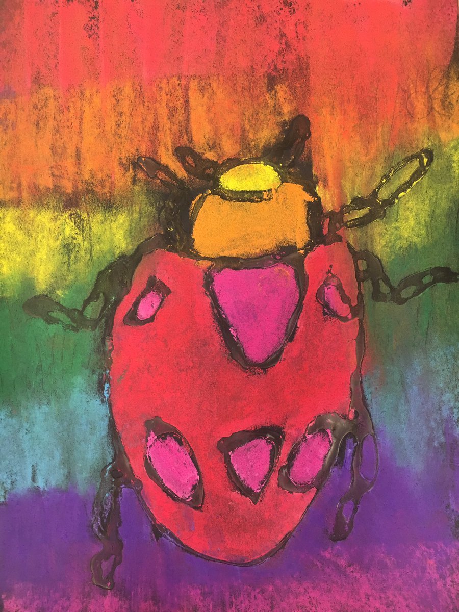 CbeARTstudio's tweet photo. Glowing with pride from these brilliantly colored, 5th grade Arthropods! Muy bien! #elementaryarteducation #risdgreatness #risdconnects #risdace #risdartmatters #chalkpastels #blending #value #contrast https://t.co/YJUbYeRvdc