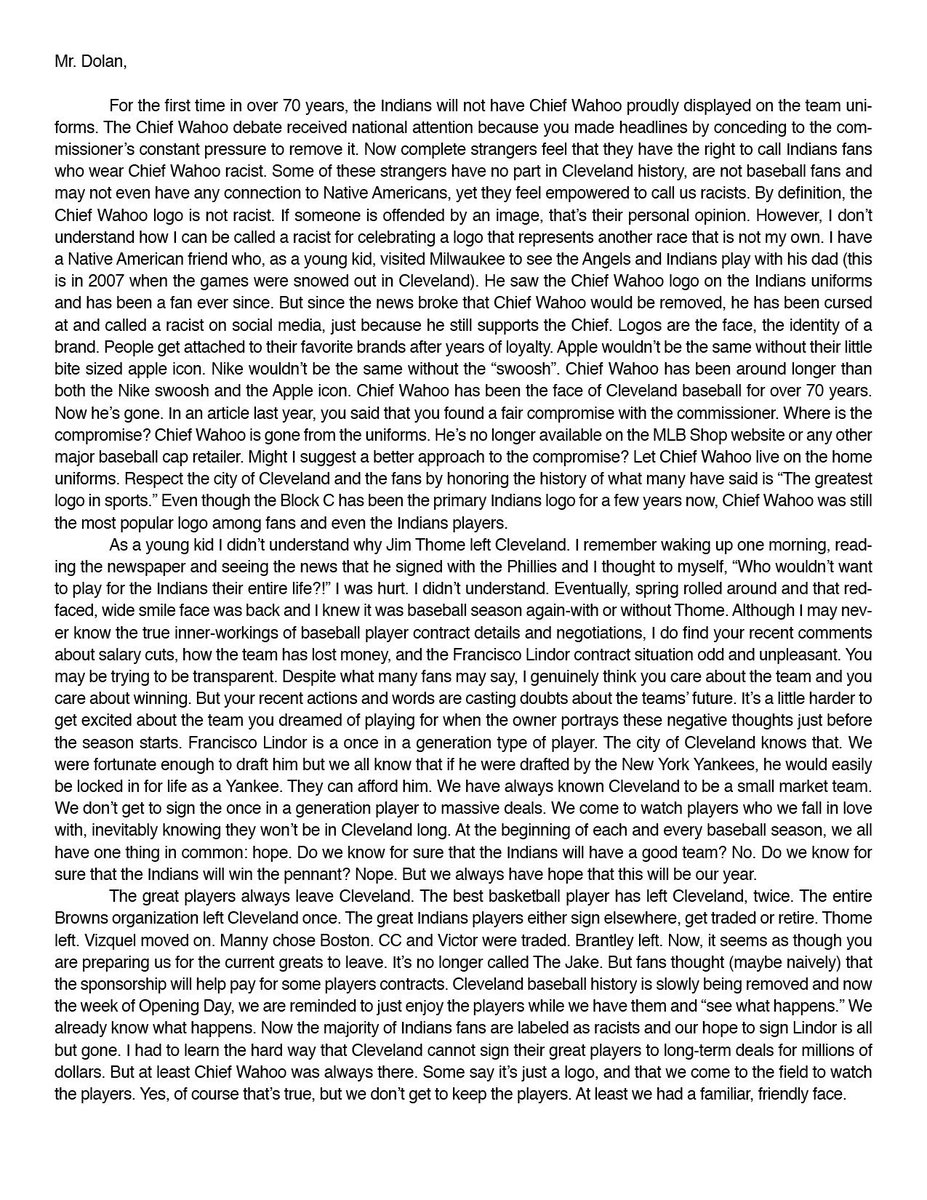 ChiefWahoo47's tweet photo. My letter to Mr. Dolan:
#OpeningDay
#Cleveland @Indians
#WinItForWahoo https://t.co/mxFLdawk9f