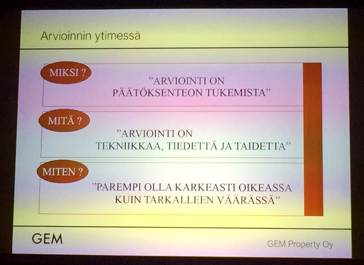 pmakila's tweet photo. Kiinteistöarvioinnin ydin kiteytettynä Seppo Koposen (GEM Property Oy) esityksessä #maanmittauspaivat2019 https://t.co/VueTZxZUZS
