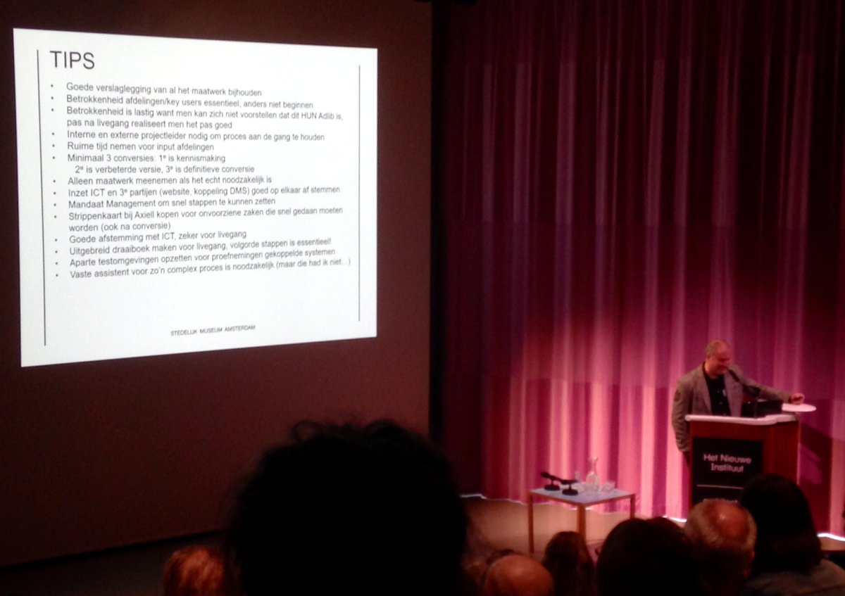KitsR's tweet photo. Now @WouterdeVoogd sharing ins & outs of updating outdated #Adlib installation @Stedelijk. Brave decision: all old customizations depricated, started over with latest version of @axiellalm @adlibis software + model application, as close to standard as possible. #AdlibUG https://t.co/cnqwqdtMZ8