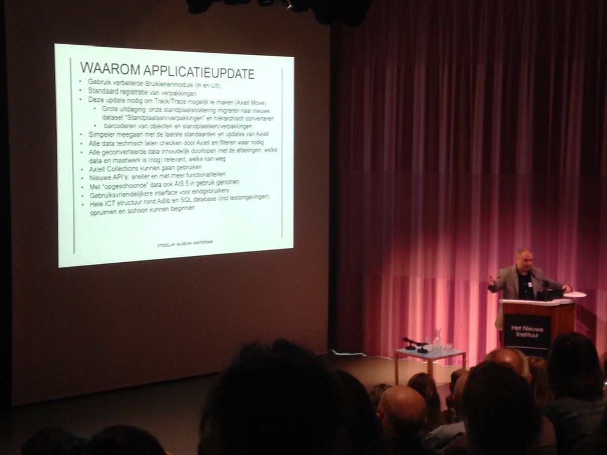 KitsR's tweet photo. Now @WouterdeVoogd sharing ins & outs of updating outdated #Adlib installation @Stedelijk. Brave decision: all old customizations depricated, started over with latest version of @axiellalm @adlibis software + model application, as close to standard as possible. #AdlibUG https://t.co/cnqwqdtMZ8