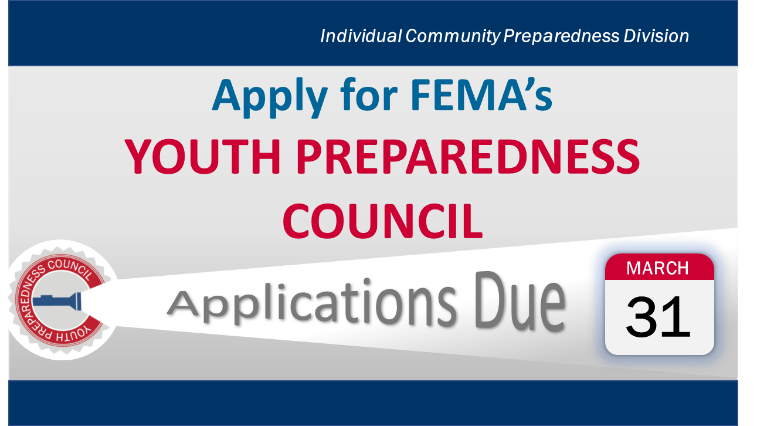 .@FEMA's Youth Preparedness Council is a unique opportunity for young people to make a difference in the world of emergency management. There's still time left for students between the grades of 8th - 11th to apply to be members. ready.gov/youth-prepared…