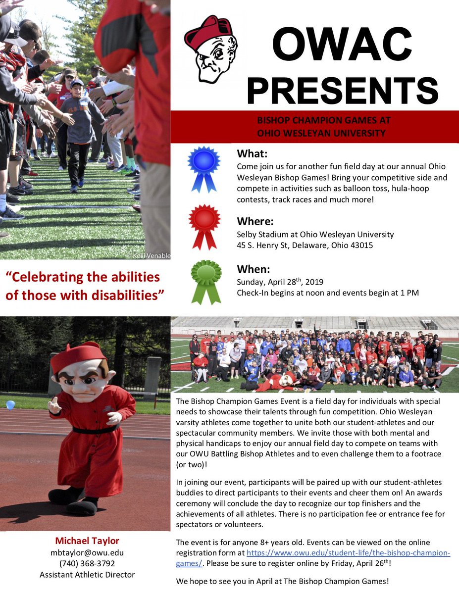 The countdown begins! One month from today the Bishop Champion Games will be held at Selby Stadium! A field day for athletes with special needs to showcase their talents through fun competition. Online registration through April 26th at owu.edu/student-life/t… <a href="/SODelaware/">Special Olympics Del</a> #OhWooo
