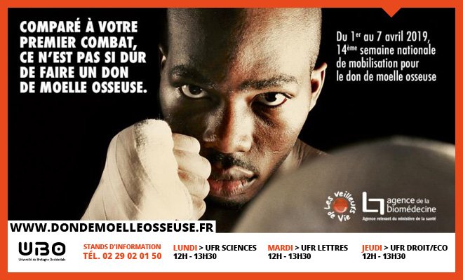 UBO_UnivBrest's tweet photo. ♥️01>07 avril Semaine du #DonMoelleOsseuse - Des stands seront installés pour vous informer sur ce don, mal connu, la situation en France est grave. C'est un des moyens pour lutter contre la #Leucémie♥️ https://t.co/kd2PXqI42i https://t.co/hqDfieINdJ