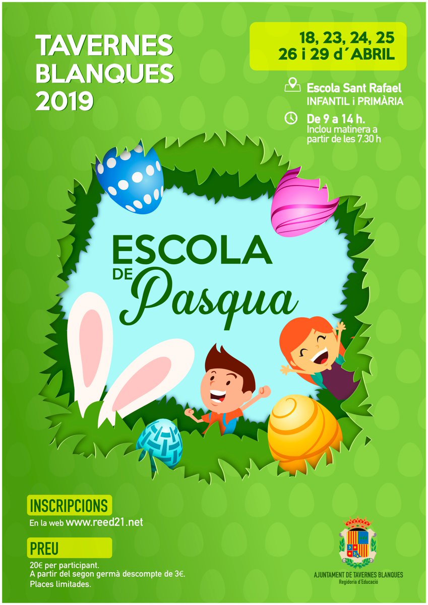 ESCUELA DE PASCUA 🐰🥚

📆 18, 23, 24, 25, 26 y 29 de abril
⌚️ 9:00–14:00
📍 Escola Sant Rafael
✏️ Inscripciones: reed21.net