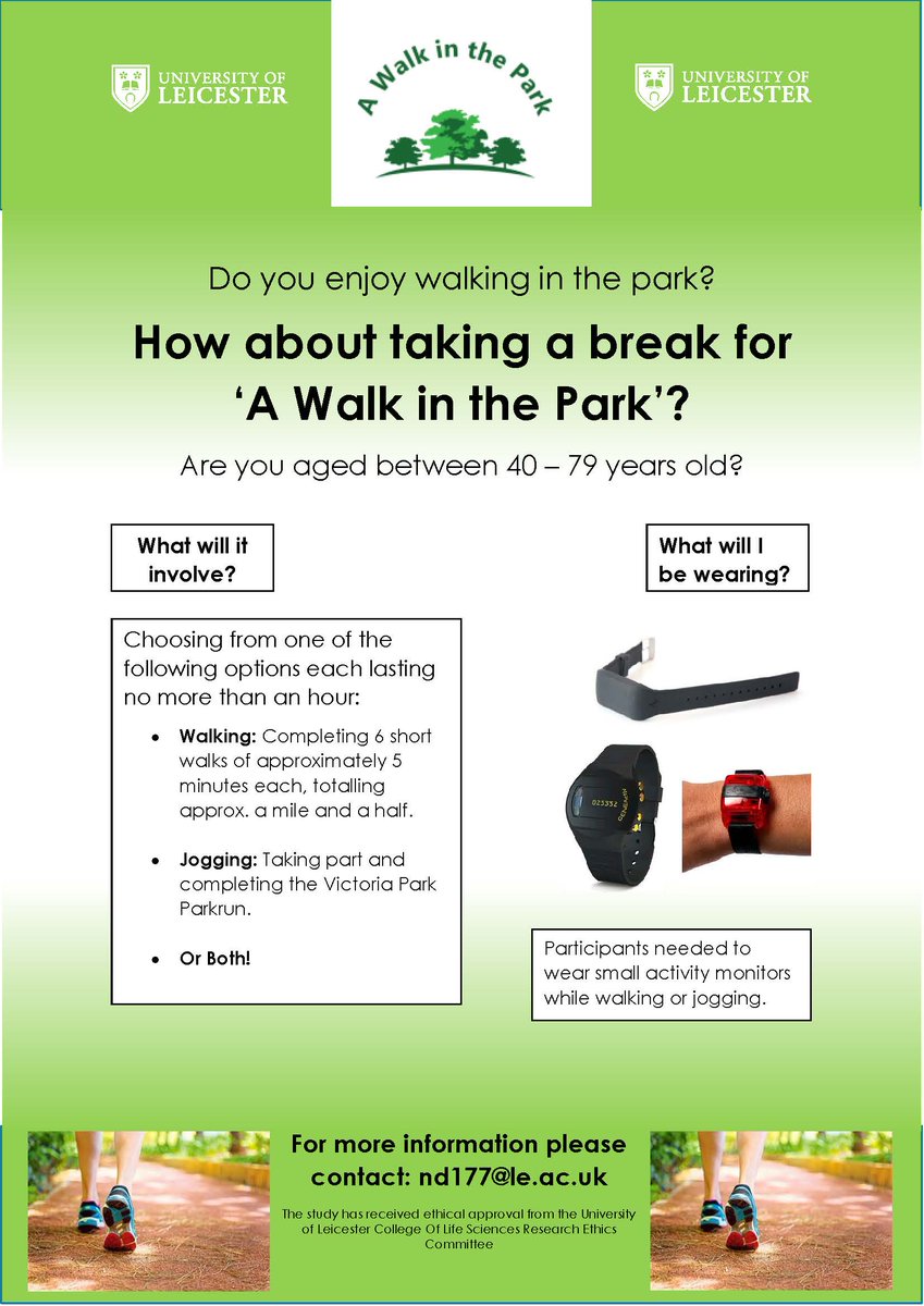 NathanPDawkins's tweet photo. PARTICIPANTS WANTED! If you are aged between 40 and 79 years old, In and around the Leicester area  and want to take a break for “A Walk in the Park” please get in touch. This is part of a study between @LDC_tweets and @le_engineering. @uniofleicester https://t.co/wpTeXBtHFs