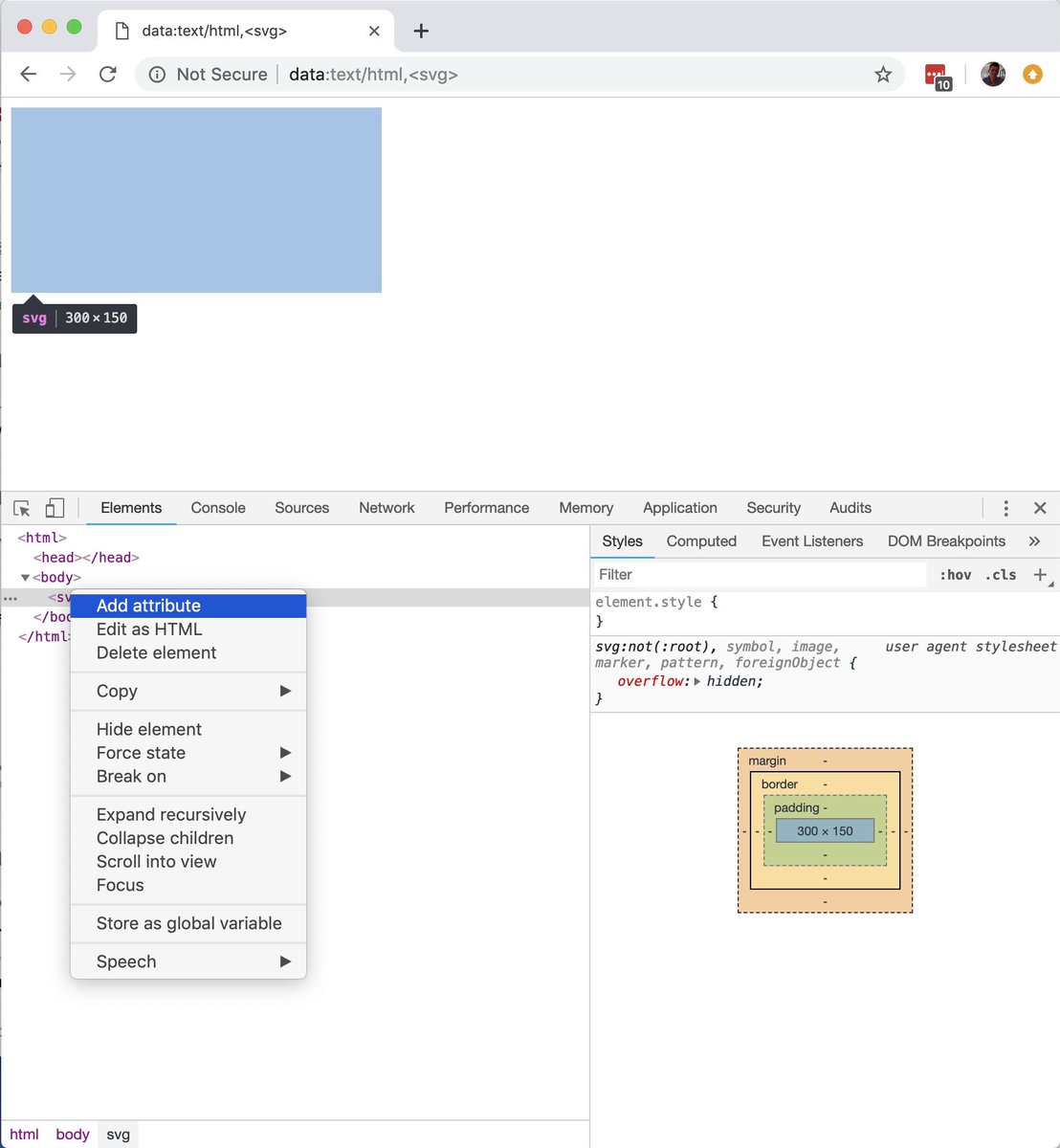 Inspecting the page data:text/html,<svg> and adding an attribute to the <svg> element...