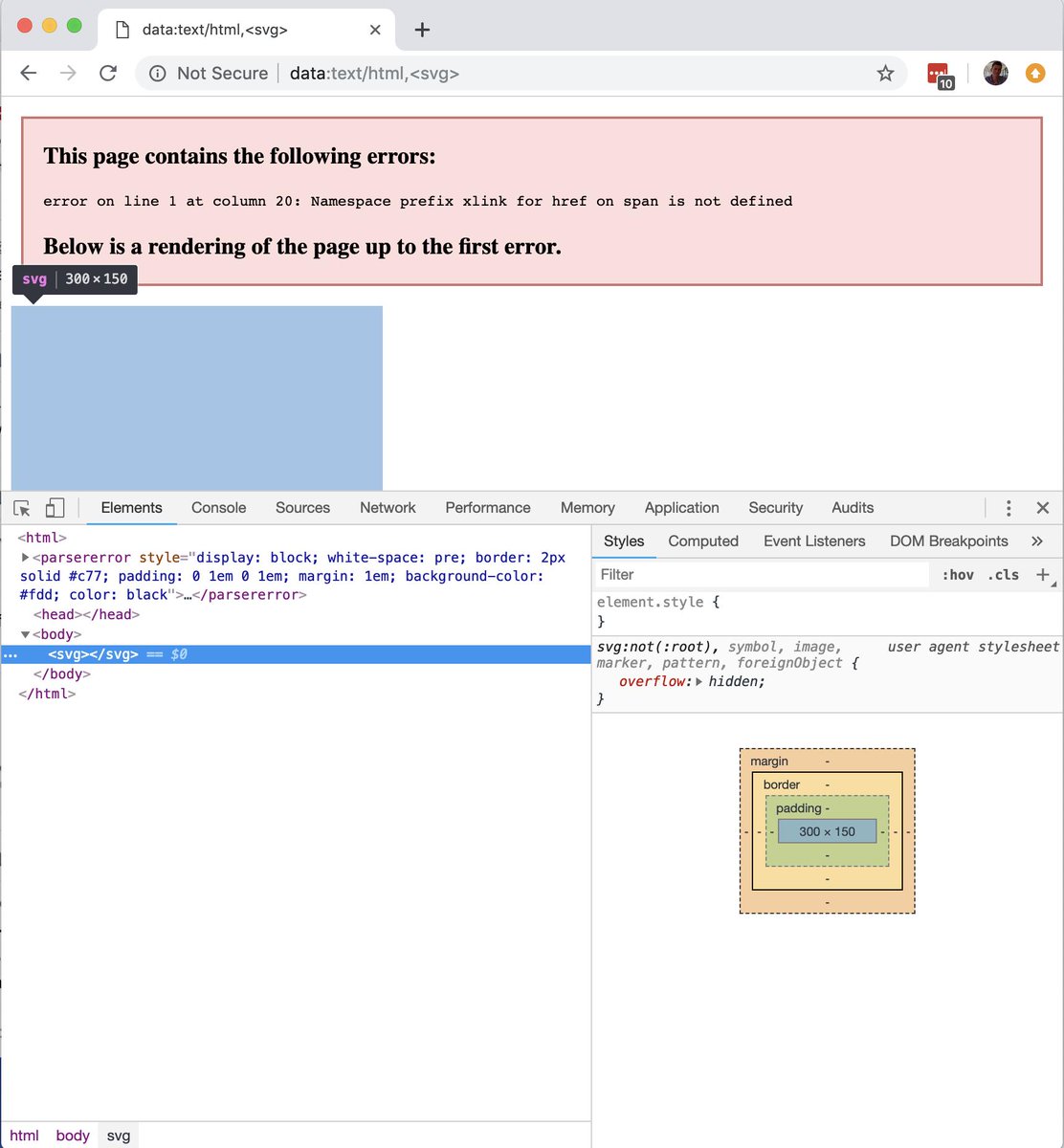 ...results in an XML parse error message in the page. "Namespace prefix xlink for href on span is not defined"