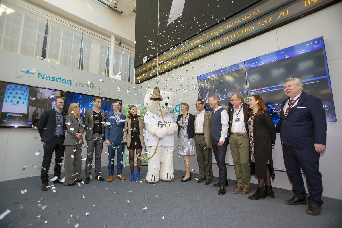 FrillUK's tweet photo. Our Frill bear made history by being the first ever non-human mammal to ring the Nasdaq bell! Look at how we celebrated in Stockholm yesterday 😍🥳 #stockexchange #nasdaq #nasdaqfirstnorth #celebration #milestone #stockholm https://t.co/GROmXT92yD