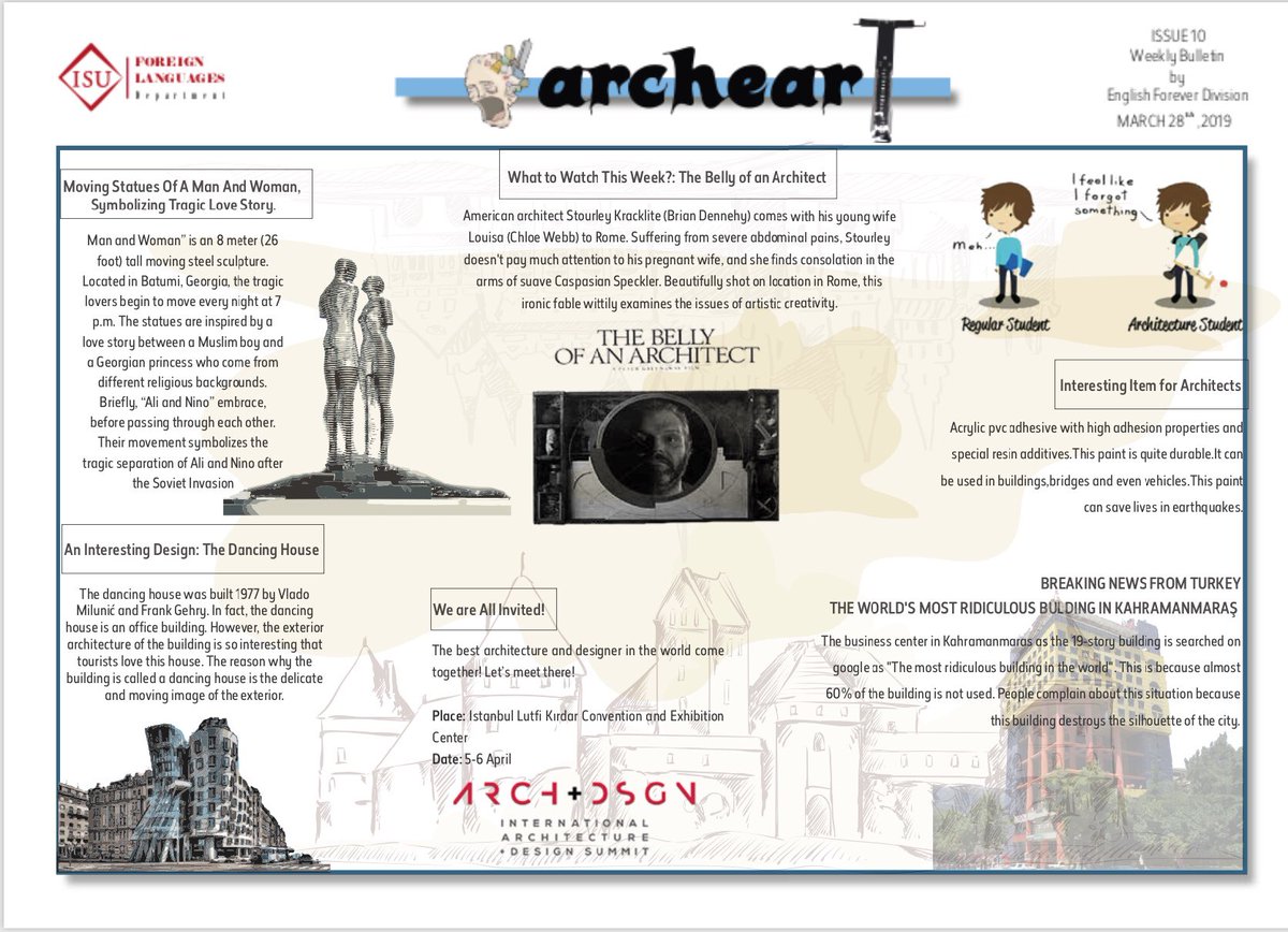 ISU_EFL's tweet photo. Weekly Bulletin Issue 10, ARCHEART, by English Forever Division, Architecture Students Team 👏🏼👏🏼👏🏼 #isuforeignlanguages #weeklybulletin #englishforeverdivision #istinyeüniversitesi @melihbulu https://t.co/IkteZDlMuc