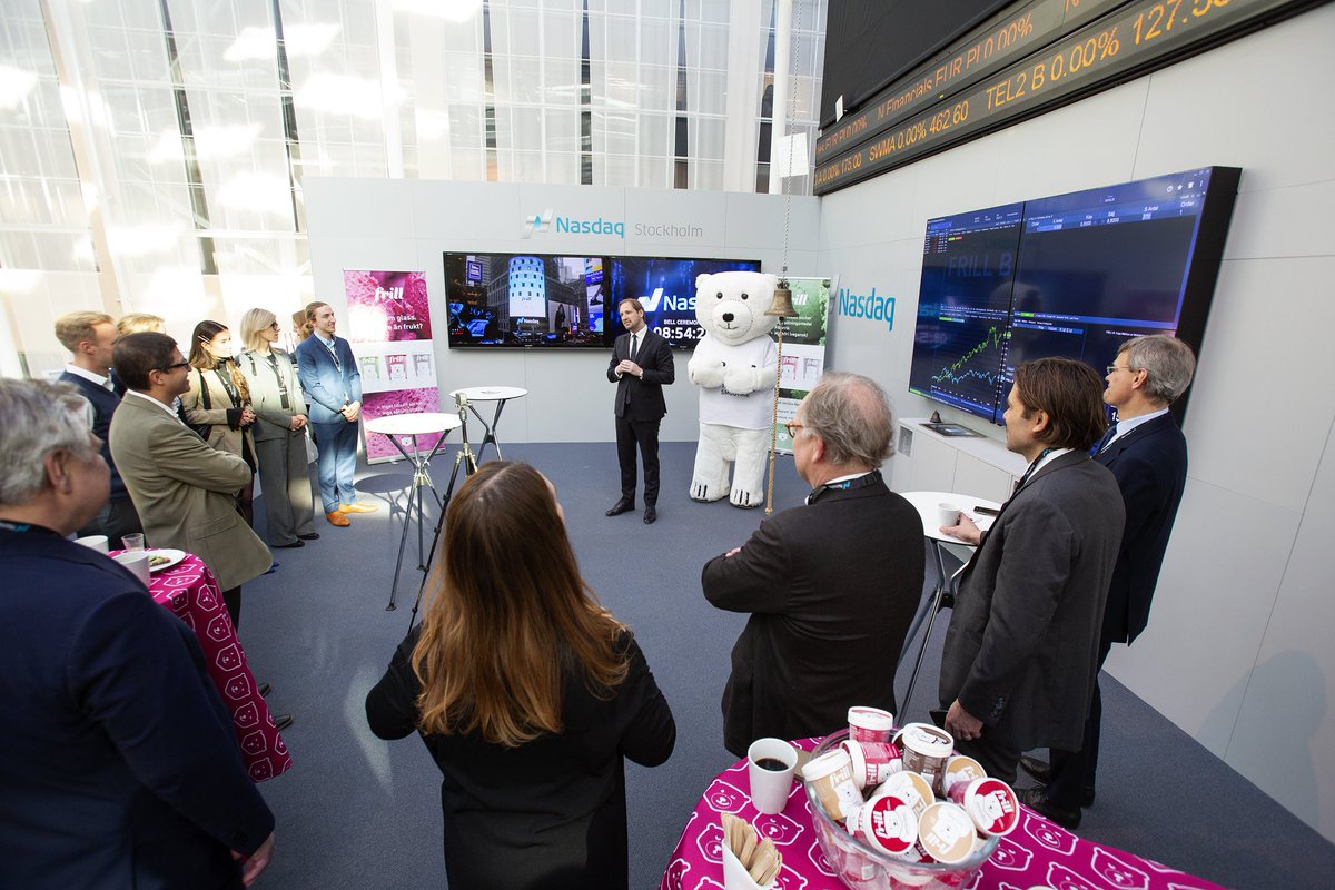 FrillUK's tweet photo. Our Frill bear made history by being the first ever non-human mammal to ring the Nasdaq bell! Look at how we celebrated in Stockholm yesterday 😍🥳 #stockexchange #nasdaq #nasdaqfirstnorth #celebration #milestone #stockholm https://t.co/GROmXT92yD
