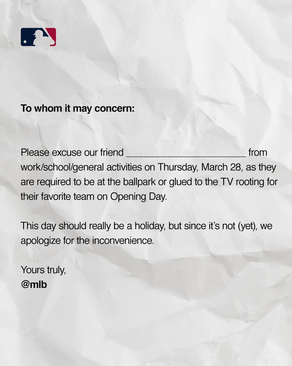Some people <a href="/WardandSmith/">Ward and Smith, P.A.</a> may be more receptive to these excuse forms from <a href="/MLB/">MLB</a> than others. 😉 #OpeningDay #FlexibleWorkplace