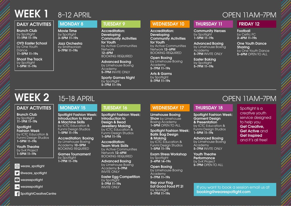 Our Lansbury Easter Holiday flyer is out!

We have everything from fashion workshops to boxing shows to a visit from the Smithsonian Jazz Masterworks Orchestra (yes, really) to keep 11-19s year olds busy #GetActive #GetCreative #GetInspired #Easter <a href="/_SKProject/">The S+K Project</a> @OneYouthDance