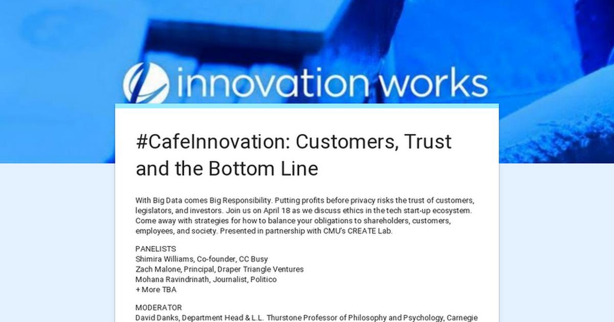 iwpgh's tweet image. Join us on 4/18 at @alloy26 as we discuss ethics in the tech start-up ecosystem. Come away w/ strategies for how to balance your obligations to shareholders, customers, employees, &amp;amp; society. Presented in partnership w/ @cmucreatelab Lab. Register: bit.ly/2Otpe8U #CafeIW
