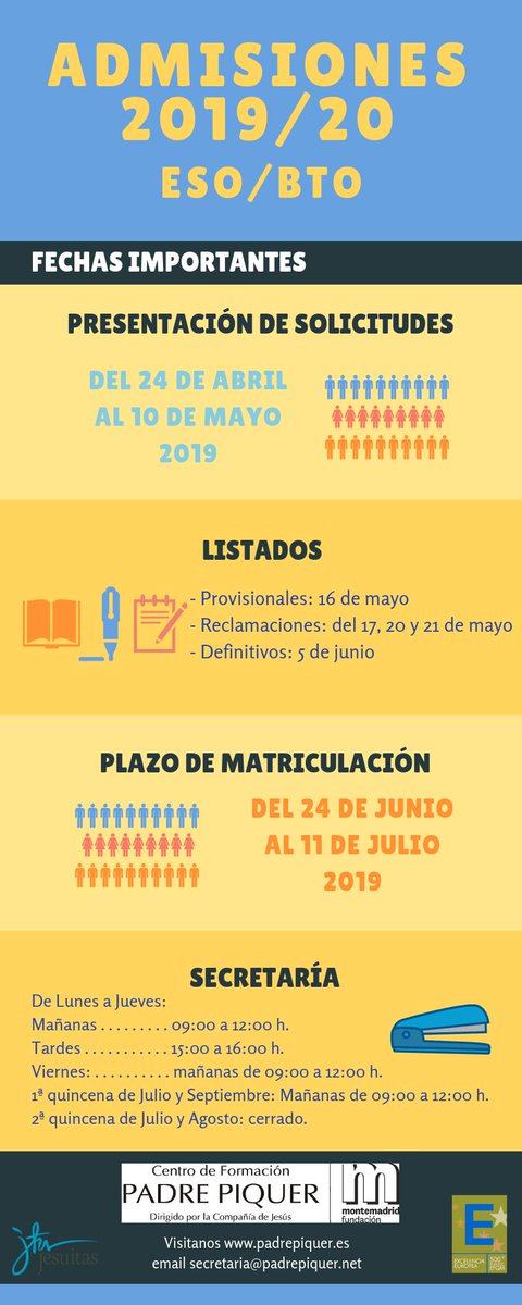 PadrePiquer's tweet photo. Publicadas las fechas y trámites para presentación de solicitudes de admisión en ESO y Bachillerato 2019/2020. https://t.co/nUvRyJAHtC