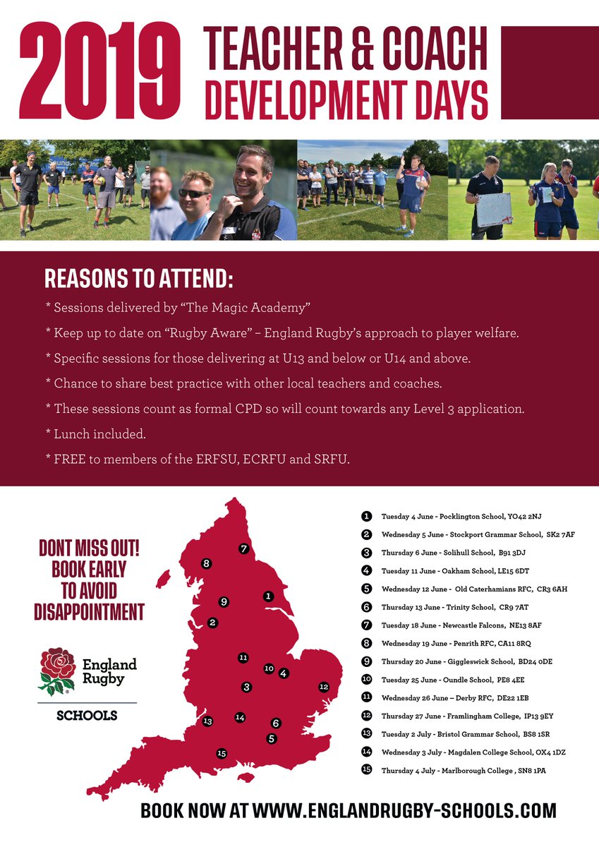 Sign up TODAY for one of the Teacher &amp; Coach Development Days in June-July 2019 for all delivering #agegraderugby in education and rugby clubs at englandrugby-schools.com <a href="/AoC_Sport/">AoC Sport</a> <a href="/EngRugbySchools/">England Rugby Schools</a> <a href="/AgeGradeRugby/">Age Grade Rugby</a> #ThursdayThoughts <a href="/TheMagicAcad/">The Magic Academy</a> <a href="/EnglandRugby/">England Rugby</a> <a href="/QKidsFirst/">Kids First Rugby</a>