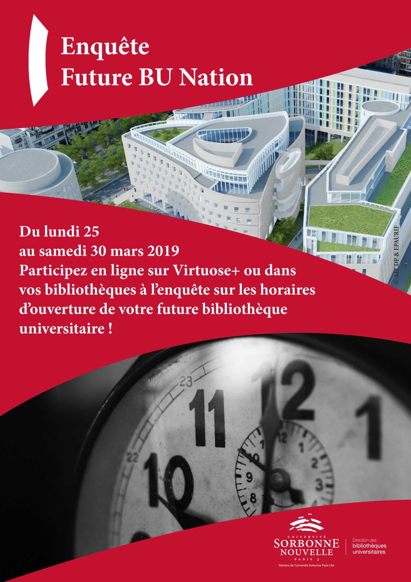 Du lundi 25 au dimanche 31 mars, participez à l'enquête sur les horaires d'ouverture de votre future BU. Retrouvez le formulaire en ligne bit.ly/enquete-horair…
#EnqueteDBU #EnqueteHoraires