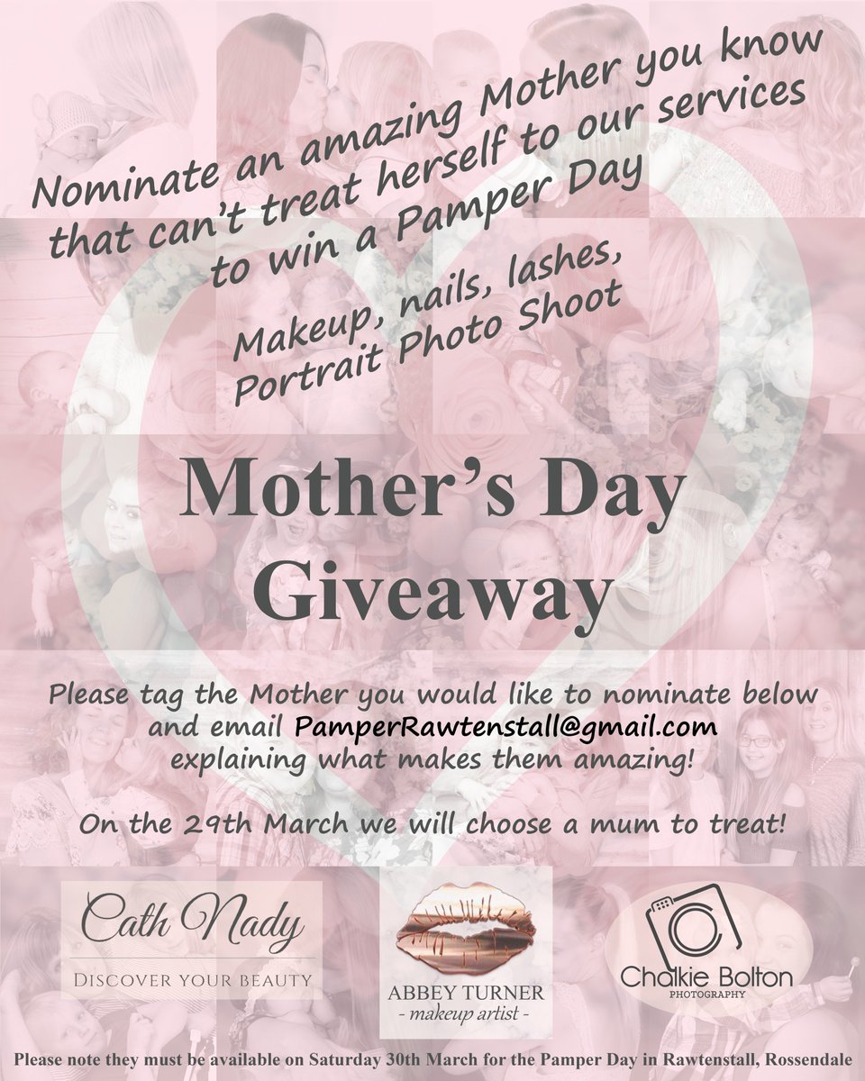 We're offering a Mum a chance for a Pamper Day and Portrait shoot for Mothers Day in Rawtenstall this Saturday. Nominate by emailing PamperRawtenstall@gmail.com explaining what makes them an amazing Mum! #Rawtenstall #Rossendale #MothersDay #BestMum #PamperDay #Lashes #Nails #Win