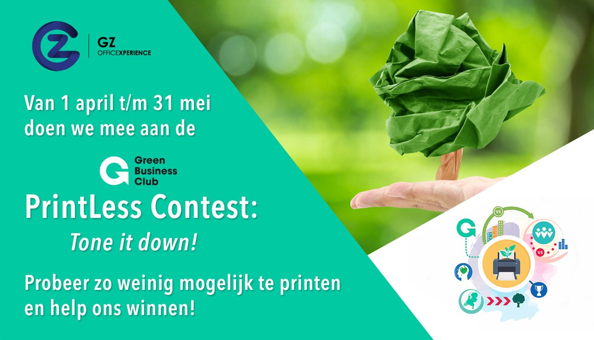 In april en mei doen wij mee aan de <a href="/GBCnl/">GBC Nederland</a> PrintLess Contest: Tone it down! waarin bedrijven en regio’s in Nederland twee maanden lang met elkaar de strijd aan gaan om zo min mogelijk te printen! #duurzaamheidisgeengrap #printlesscontest