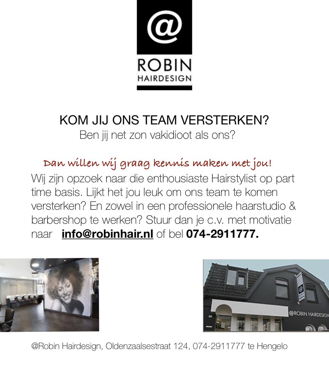 Pssst TOPPER. Wij zoeken jou😁

Wij hebben een erg leuke vacature. 
Bel je snel? Of stuur een leuk mailtje. Of kom gezellig langs. 

Tot gauw. 

Ps delen is heeeel lief