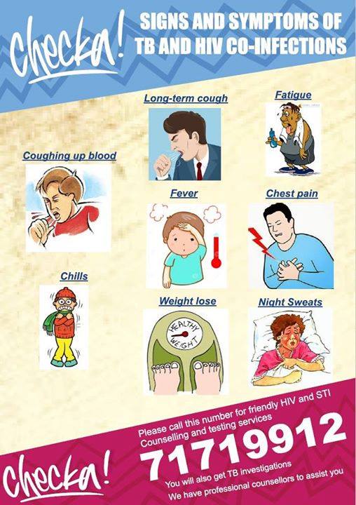 CheckaStatus's tweet photo. Here are some of the symptoms of someone with TB and/or HIV. Call: 71719912 to get tested.
#CheckaStatus #GetHIVTested #TBT #QueuesMustFall #HIVSymptoms #Educate https://t.co/LURrONGO3G