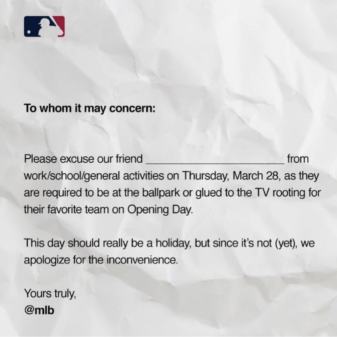 JacobCruz09's tweet photo. Remember, it’s better to ask for forgiveness than permission. But here’s a note just in case. #mlb2019 #openingday #ldpt https://t.co/J85OVfhSCx