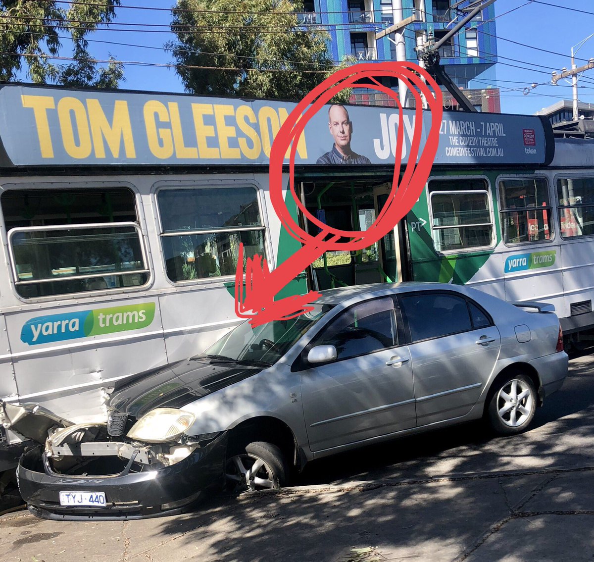 twisted_mick's tweet photo. @nonstoptom geez Tom you look as happy as I was when se dumb prick smashed into my tram yesteon StKikda Rd https://t.co/8Lo50ORNZp