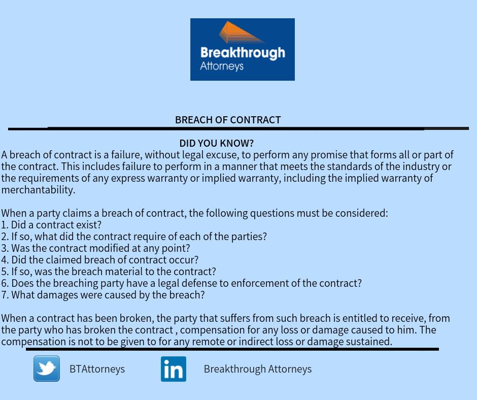 BTAttorneys's tweet image. On this week's legal update, the Corporate and Commercial Department at Breakthrough Attorneys provides a snapshot on what constitutes a breach of contract in Tanzania.
#LawOfContract
#LegalTipsThursday