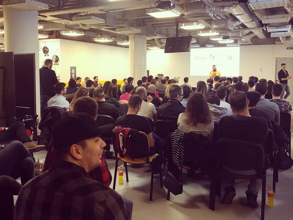 modex_tech's tweet photo. Yesterday evening, over 100 enthusiast #developers attended the March #BucharestJS Meetup at #TechHub #Bucharest where our six months #partnership with @Bucharest.js was announced. Florin Otto, #Modex VP of Product, rocked the stage. #Community, thank you! #InPartnerShipWeTrust! https://t.co/Ic31aPUIwG