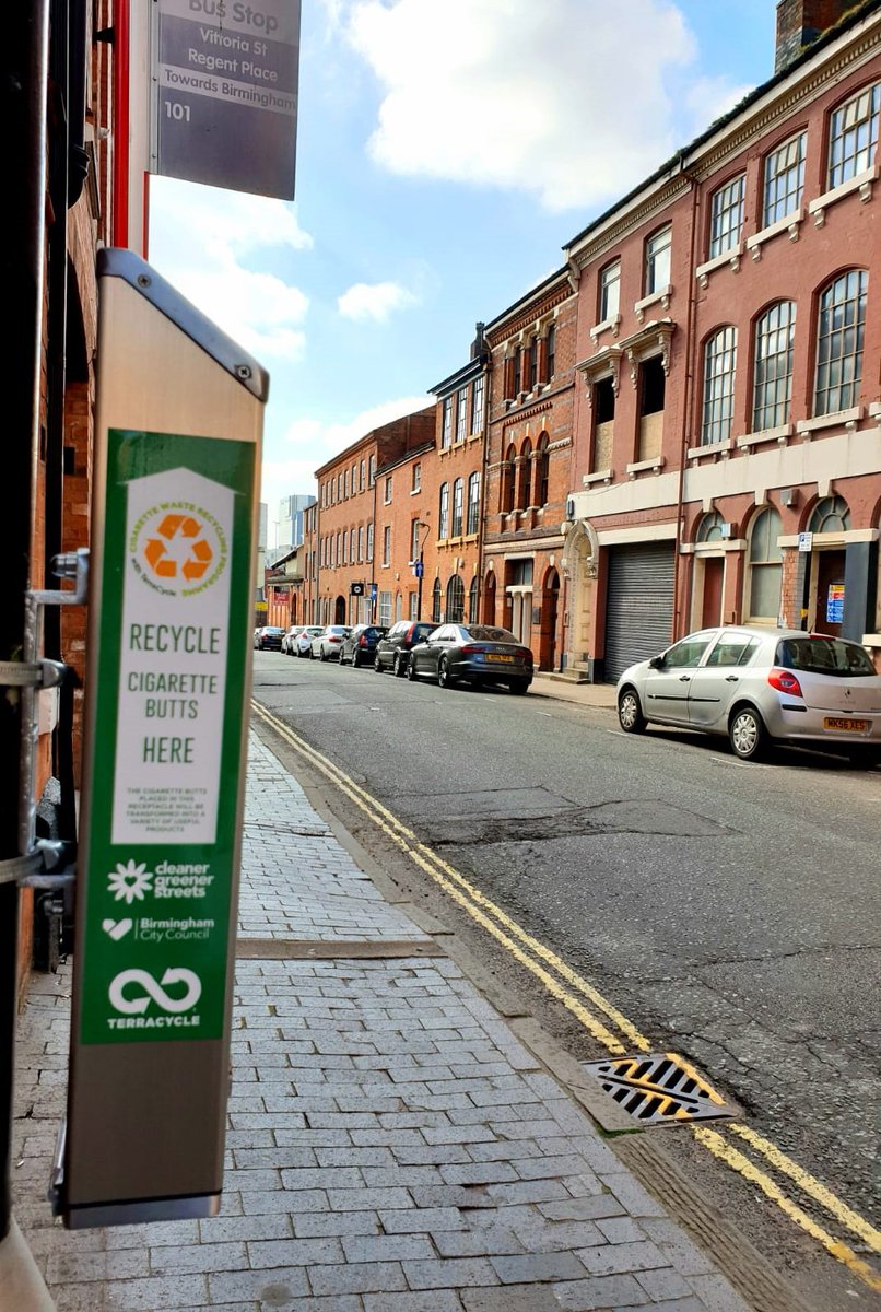 JQBID's tweet photo. We're working together with @BhamCityCouncil and @TerraCycle in the #JQ to support cigarette butt recycling! The collected waste is then turned into reusable plastic materials โป. #MakeBrumGreen #CleanBrum https://t.co/M9eICw6FGi