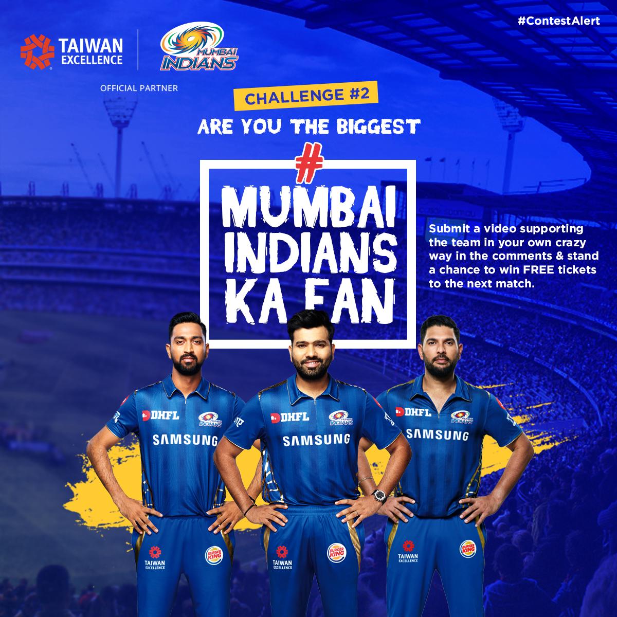 AALA RE AALA Mumbai Indians! Participate in the #MumbaiIndiansKaFan #challenge2 and stand a chance to #WIN Match Tickets!

How to participate:
1. Submit your video supporting Mumbai Indians
2. Use #MumbaiIndiansKaFan
3. Tag <a href="/TE_Official_In/">Taiwan Excellence in India</a> 

#AkkhaMumbaiKhelega #ContestAlert