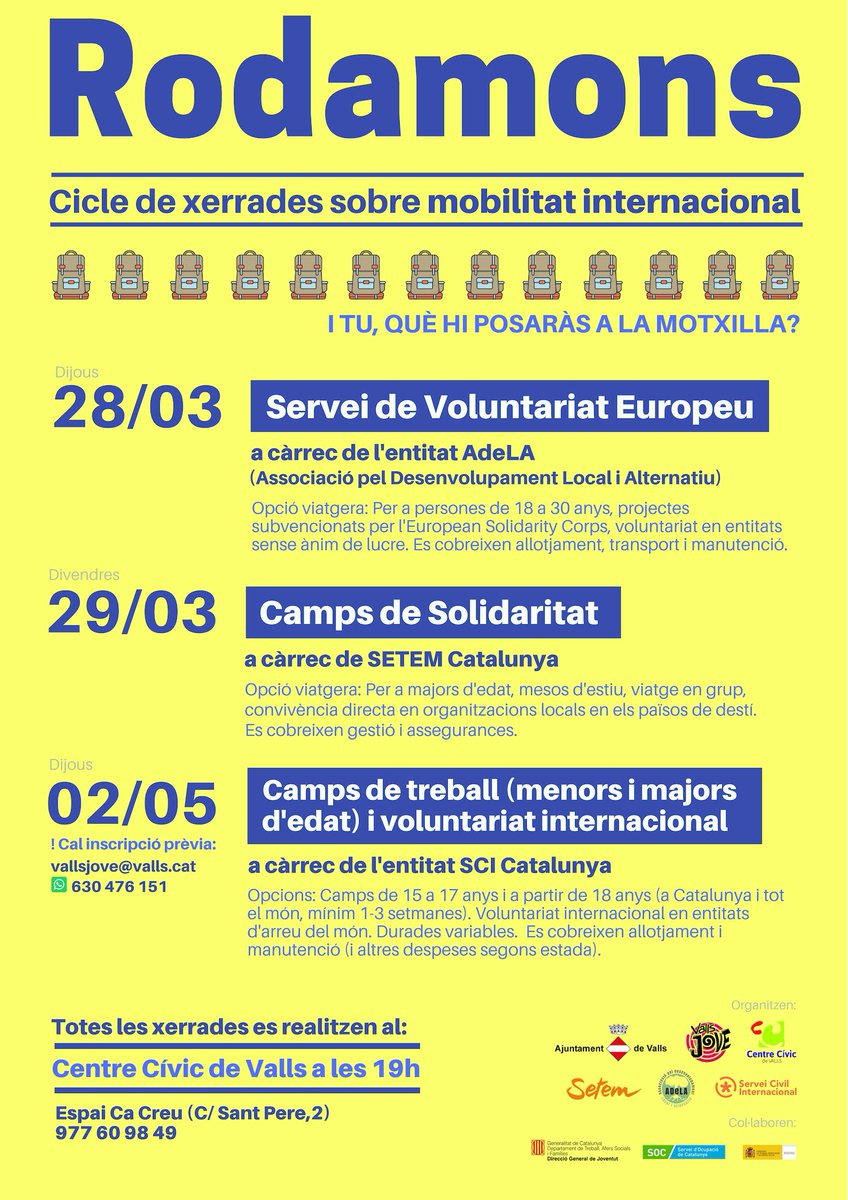 VisitaValls's tweet photo. 📣 Avui no et perdis la xerrada que et donarà les claus sobre la mobilitat internacional.
🕘 19h.
📍 Centre Cívic
#Valls #VisitaValls #VallsJove #Rodamons https://t.co/W99SZ6EXSt