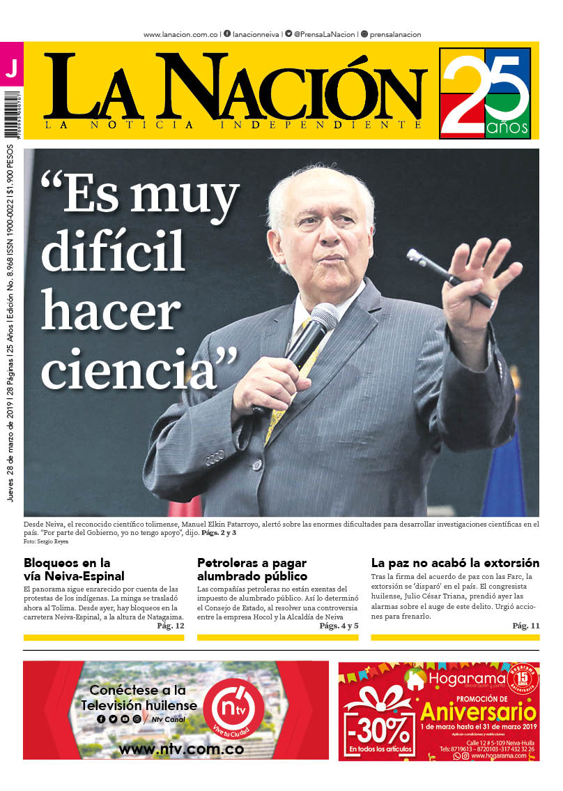 jesusrojas1981's tweet photo. ¡Hola, buenos días! Esta es la portada del Diario LA NACIÓN de Neiva para hoy jueves 28 de marzo de 2019. @CLAUDIAMEDINA81 https://t.co/aMzAzOAMNl