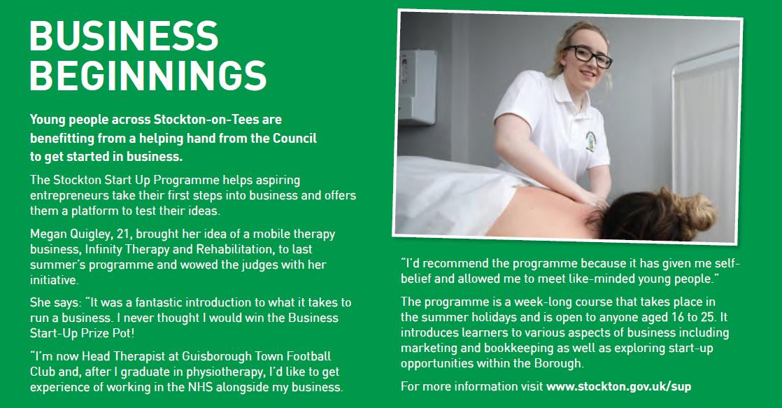 JenJenDonaldson's tweet image. Drumroll please...It's only last year's winner of Stockton Start-Up Programme, @meganquigley97 and her mobile therapy business - Infinity Therapies in Stockton News on p36.

Look out for Megan at sporting events near you and show her your support, that would be ultra sound!
