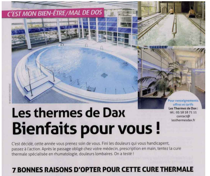 lesthermes_dax's tweet photo. Merci à Agnes Ventadour pour son beau reportage sur nos #Thermes dans le dernier numéro de @Reponseatout ! Nous vous laissons découvrir les 7 bonnes raisons de tester notre établissement en vous rendant directement chez votre marchand de journaux 😉 https://t.co/tH5iWDBowe