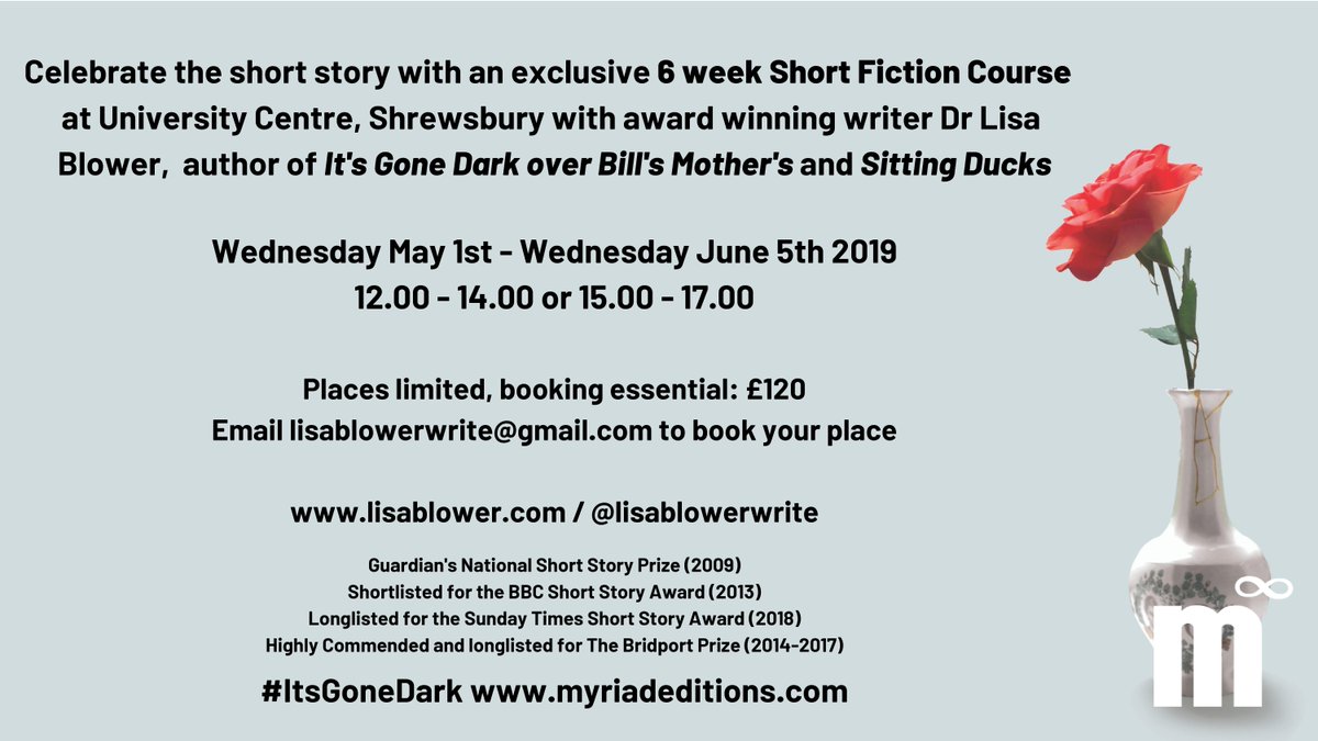 MyriadEditions's tweet photo. Wonderful #shortstory writing course with @lisablowerwrite in #Shrewsbery starting in May!
For more information email lisablowerwrite@gmail.com
https://t.co/sNp36JDDZM
#amwriting #workingclasswriting #WritingCommunity
#writerslife #lisablower @ShrewslibraryUK #itsgonedark https://t.co/DQdWOKw0BV