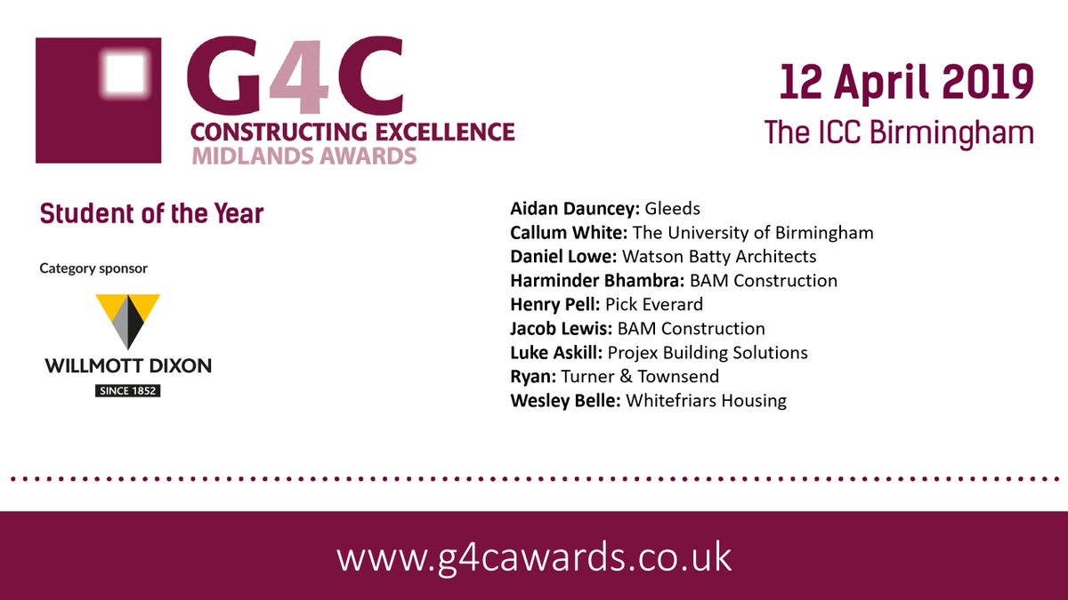 Congratulations to our 2019 Midlands #G4CAwards Student of the Year finalists: @BAMConstructUK @GleedsGlobal @pickeverard @projex_info @unibirmingham @turnertownsend @watsonbatty @whitefriars Full list of finalists here: g4cawards.co.uk/finalists