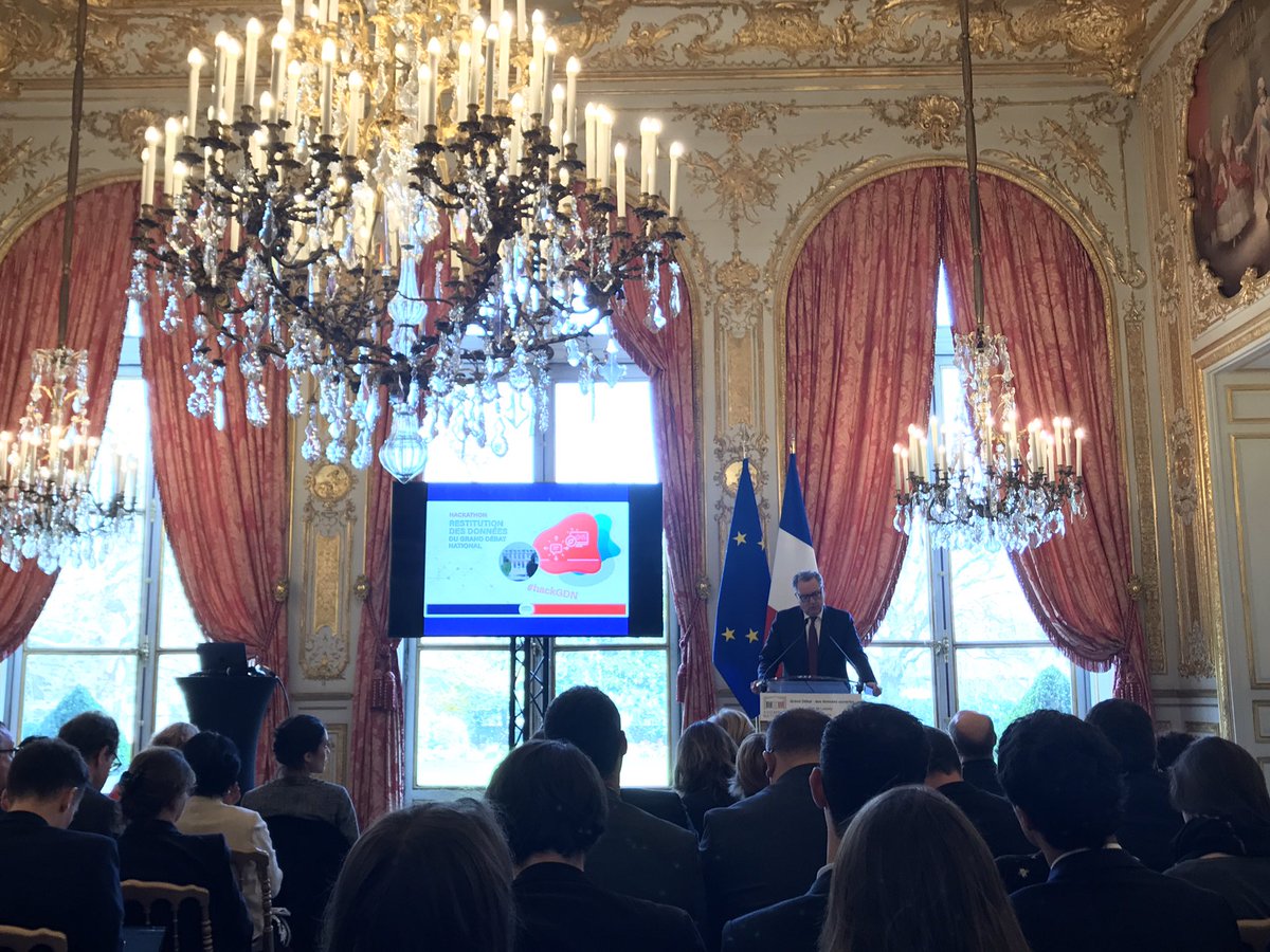 SKerbarh's tweet photo. L'@AssembleeNat a organisé un hackathon sur les données du Grand Débat National. Ce matin, nous en avons la restitution pour pouvoir mieux lire toutes ces contributions grâce à 7 projets innovants ! Très instructif. #hackGDN #civictech https://t.co/gnF3WjIgm2