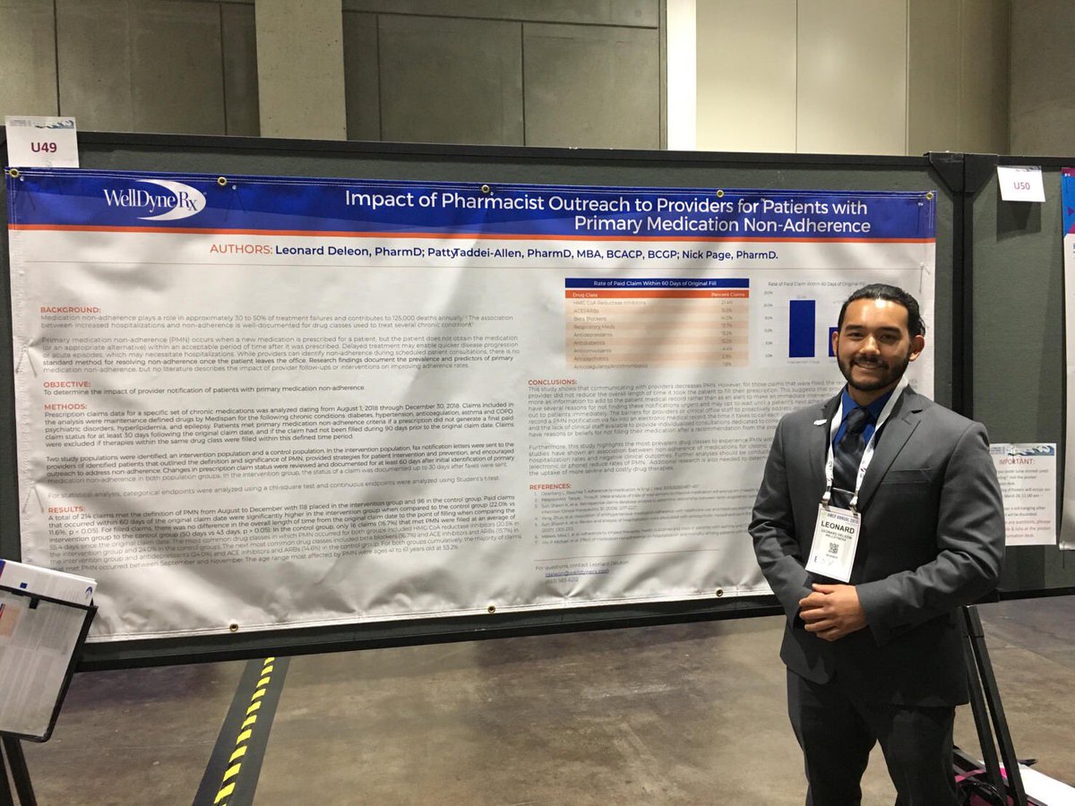 WellDyne's tweet photo. Two of our clinical leaders did a great job presenting their posters yesterday at #AMCP2019. Patty Taddei-Allen, PharmD, (Director, Outcomes Research) and Leonard Deleon, PharmD (Managed Care Pharmacist Resident). Thanks for representing WellDyneRx so well. #ClinicalLeadership https://t.co/TN1BQsdPdt