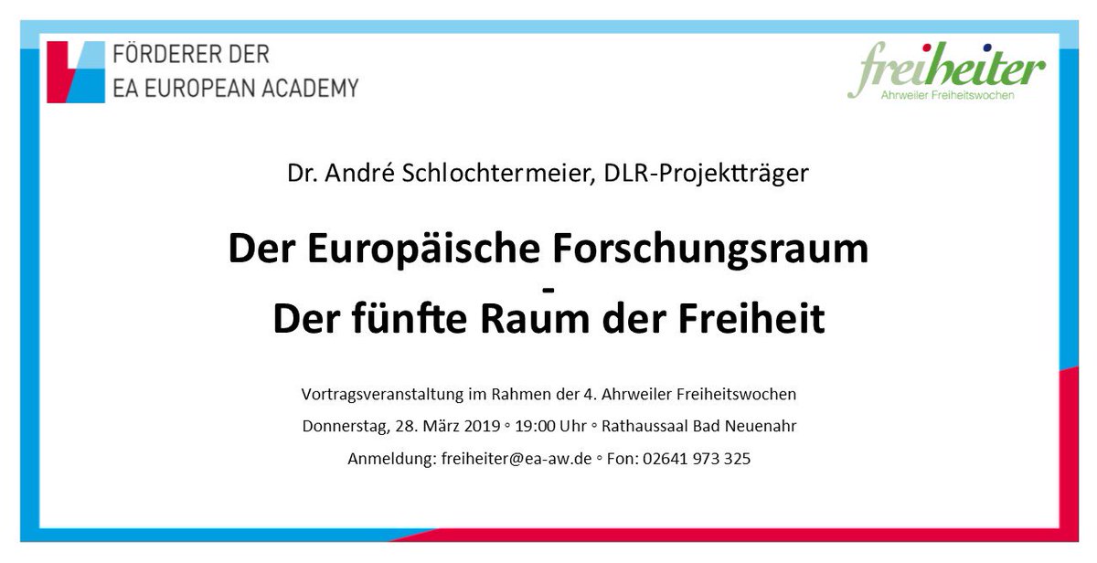 Wir freuen uns auf heute Abend! Dr. André Schlochtermeier vom <a href="/DLR_de/">DLR_de</a> Projektträger informiert über den Europäischen Forschungsraum. Jeder ist willkommen! 19 Uhr, Rathaussaal Bad Neuenahr #wissenschaftsfreiheit #EU