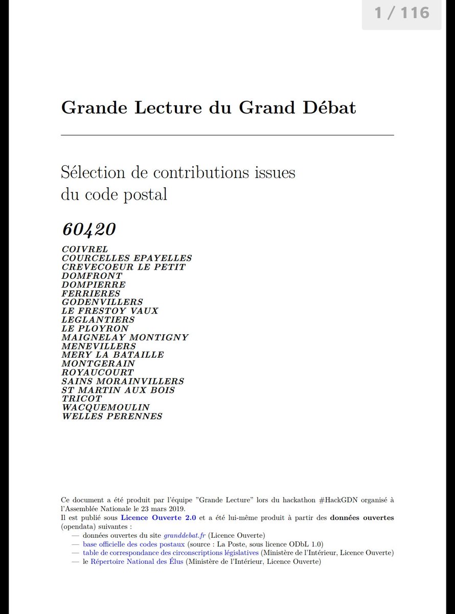 #GrandeLecture propose une lecture aléatoire des plus de 160 millions de mots (plus de 300x Les Misérables). 
➡️ Un livret avec une sélection aléatoire des contributions #GrandDebatNational 
➡️ Une sélection personnalisée pour chaque élu 
grande-lecture.fr #hackGDN