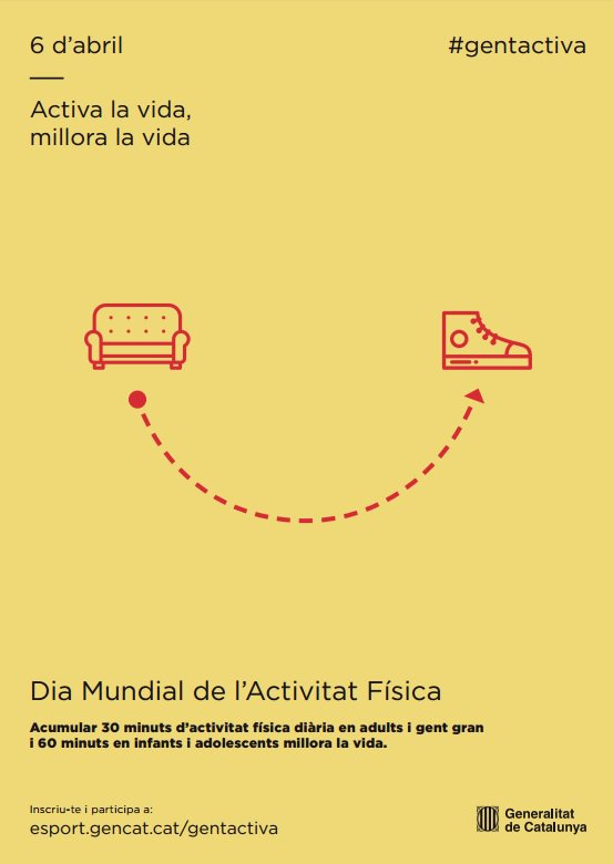 El proper dia 6 es commemorarà el Dia Mundial de l’#ActivitatFísica, amb el lema "Activa la vida, millora la vida". Hi podeu participar amb activitats diverses entre l’1 i el 30 d’abril. #gentactiva i #10anysDMAF 
🤽‍♀🏊‍♂🚴‍♀🤾‍♀ 👇

esport.gencat.cat/ca/arees_dactu…