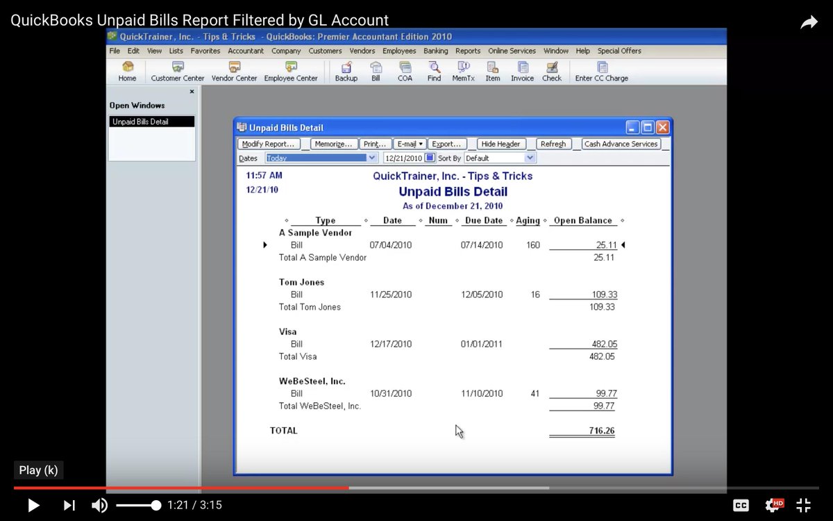 DeniseMerritt's tweet photo. Do you know how to create a report that shows all open vendor bills for a specific general ledger account?
https://t.co/2K91zxqHRu
#qbo #quickbooks #bookkeeping #quickbooksclass #smallbusiness #taxes #jobcosting #construction #accounting #startup #payroll  #retail #keepitlocal https://t.co/rhBq2elCkN