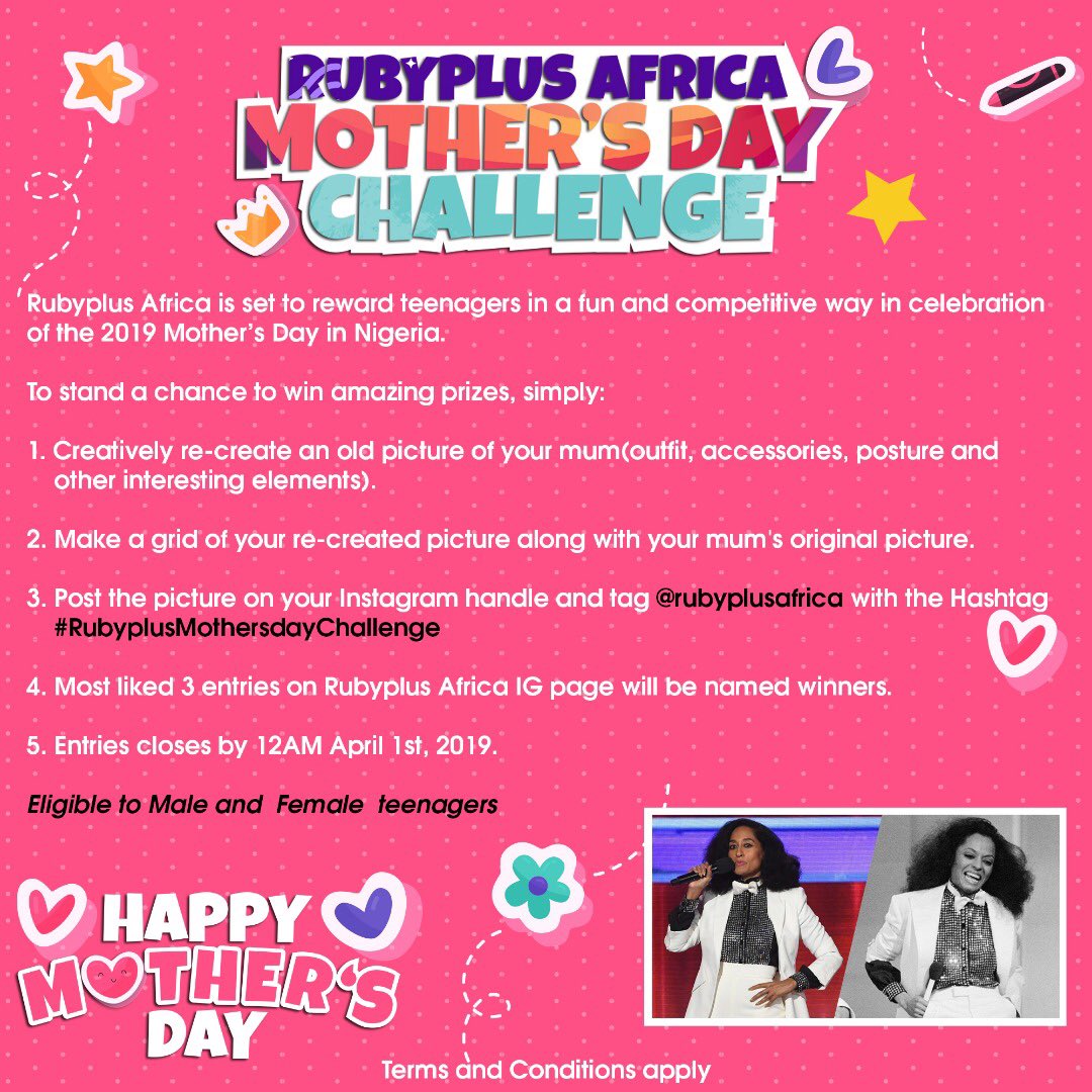 rubyplusafrica's tweet image. 🗣We are bringing the past into the present with our Mother’s Day challenge Lovely teenagers. 🤗

Go through the post&amp;amp;start re-creating Guys. Don’t forget to follow the instructions accordingly to stand a chance. 

Trust me, the prizes are worth it so Legooooo🕺🏼

#MothersDay