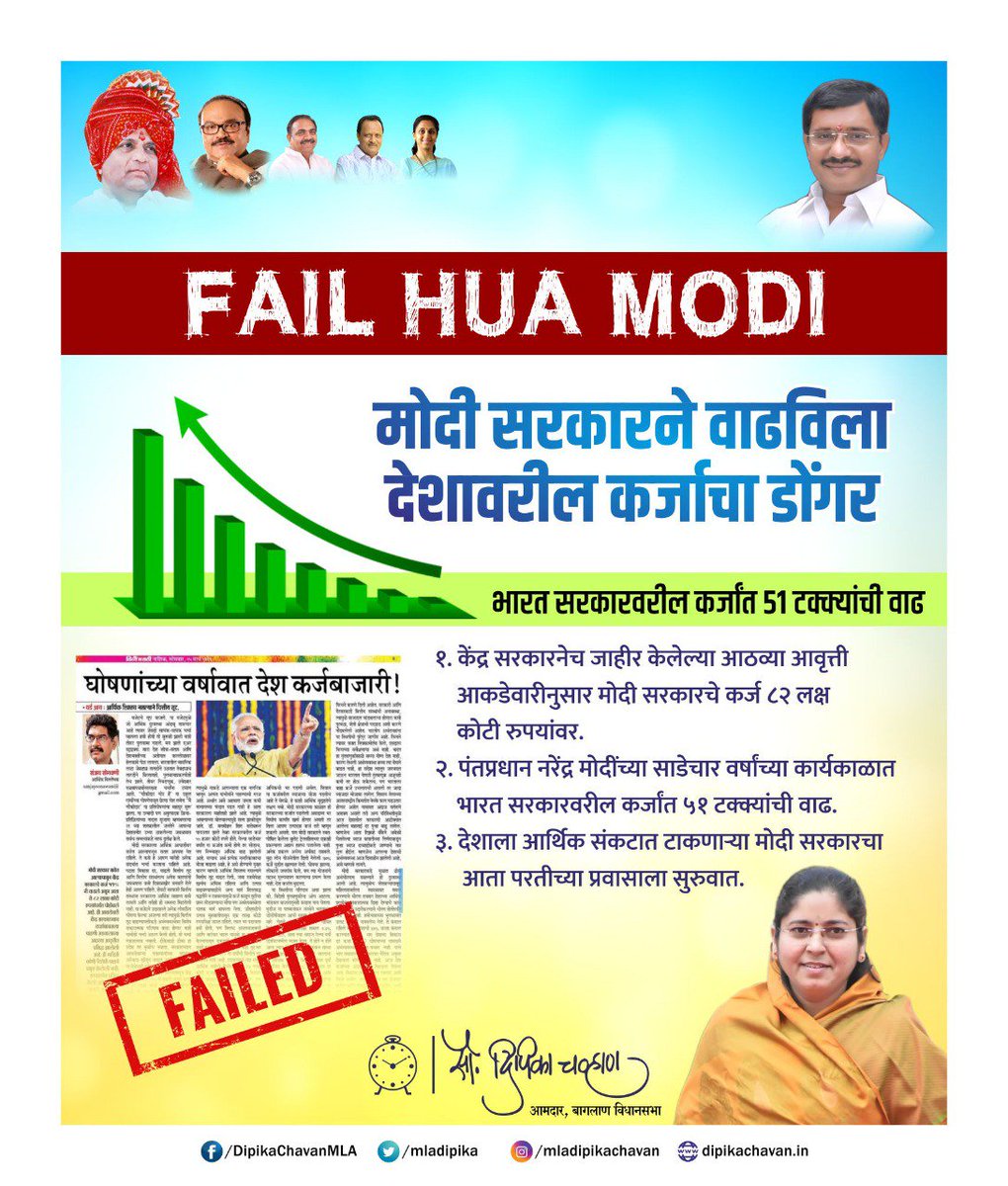 DipikaChavan_'s tweet photo. घोषणांच्या वर्षावात देश कर्जबाजारी...
मोदी सरकार सत्तेत आल्यापासून केंद्र सरकारचे कर्ज ५१ टक्क्यांनी वाढले असून ८२ लक्ष कोटी रुपयांपर्यंत पोहोचले आहे. एक सुजाण नागरिक म्हणून आपल्याला आता याकडे अत्यंत गांभीर्याने पाहण्याची गरज आहे.
#ModiMadeDisaster #FailHuaModi #ModiNeverAgain https://t.co/Es1iAn5Svw