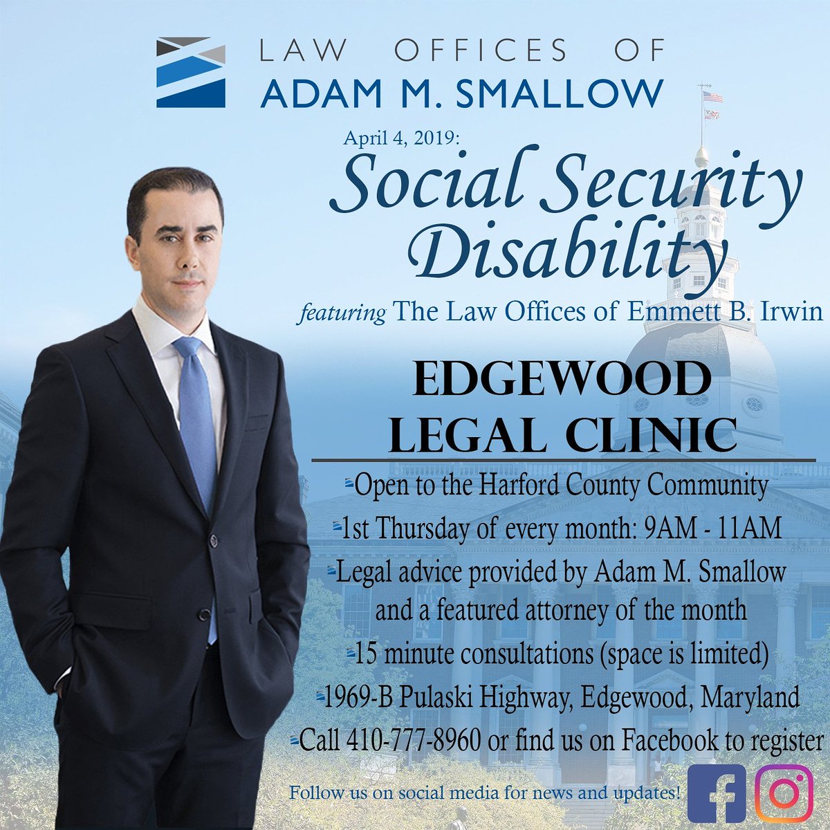 AdamMSmallow's tweet photo. @HarfordCountyMD residents are invited to the Edgewood Legal Clinic one week from today! Social security attorney @emmettirwin will be here for consults. Call to reserve a spot at 410-777-8960. Or email to hurt@mdaccidentlaw.com. @HarfordExec @HarfordAegis https://t.co/t2UmwnZqdK