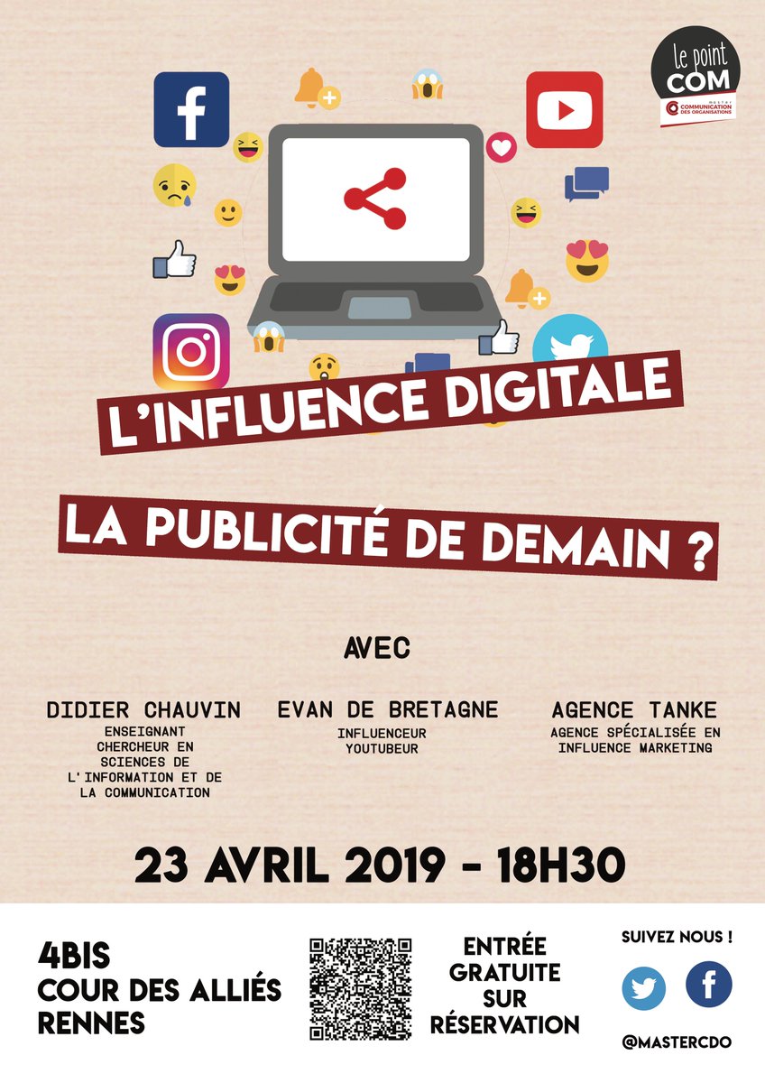 MasterCDO's tweet image. L'influence digitale: la publicité de demain ? 💡📲

Qui est le bon influenceur ? Comment se font les partenariats ? Les influenceurs vont-ils éclipser la télévision ? 

Pour répondre à ces questions, le masterCDO organise sa conférence au 4 Bis le 23 avril à partir de 18h30.